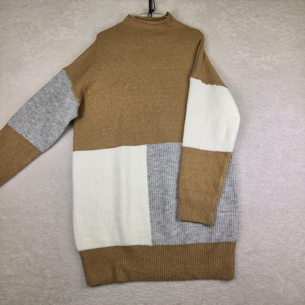 Colorblock Mock Neck Sweater Dress Camel Grey White Ribbed Knit Tunic